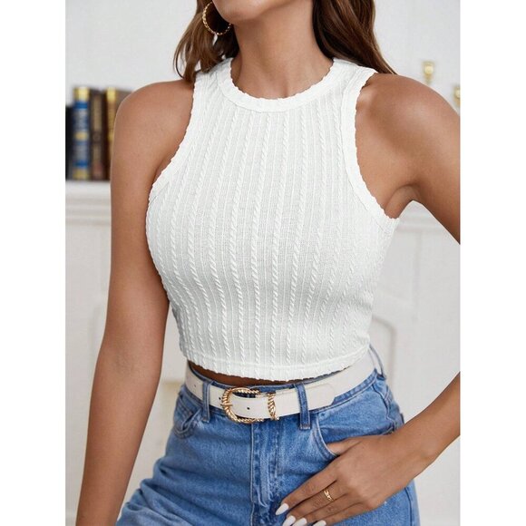 Ribbed knit cable twist textured high neck crop top tank mockneck gray - Picture 2 of 3